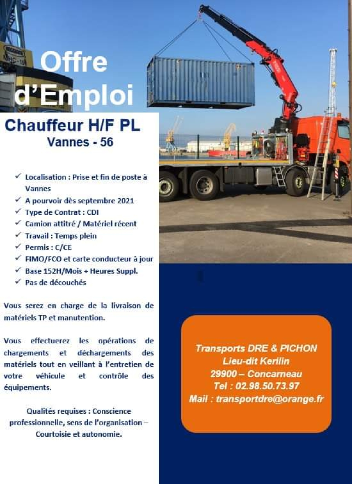 OFFRE D'EMPLOI - CHAUFFEUR PL H/F : A pourvoir au plus tôt